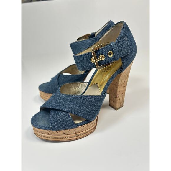 Michael Kors Denim Blue Ankle Strap Open Toe Platform Cork Heel Sandal Women 7.5 - Picture 1 of 7